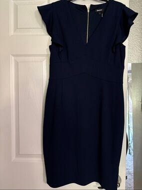 DKNY Navy V-Neck Sheath Dress with Flutter Sleeves - 12